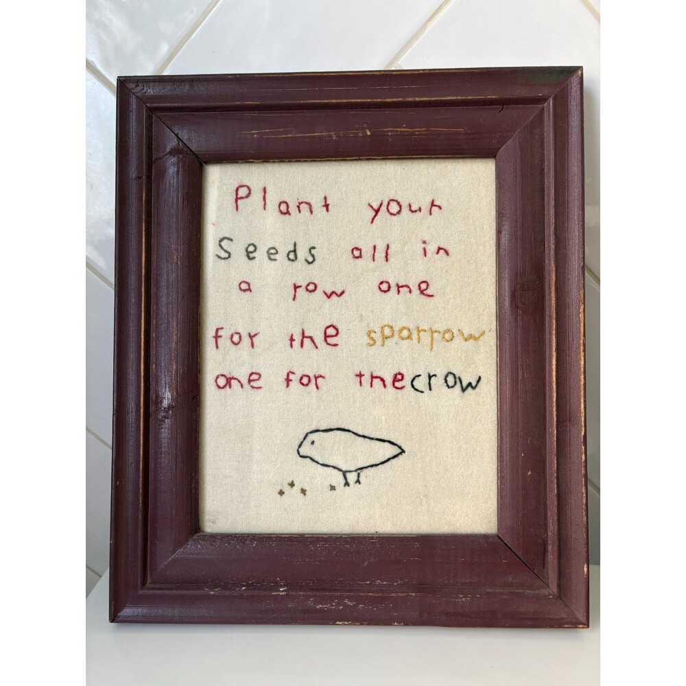 Vtg Primitive Hand Embroidered Seed Sparrow Crow Folk Art Framed Needlework